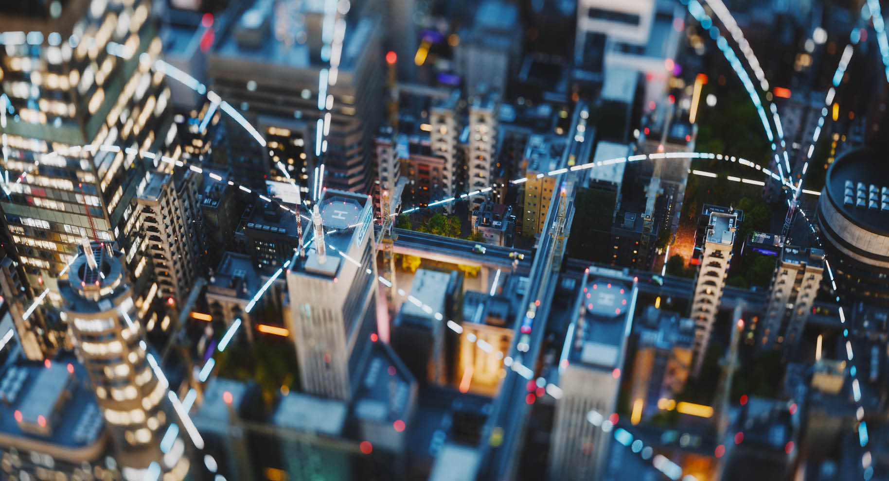 Glowing lines representing invisible wireless connections in the city. 3D render