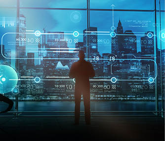 A businessman stands in his office against the background of infographics and a panoramic window with a business center. 3D render.