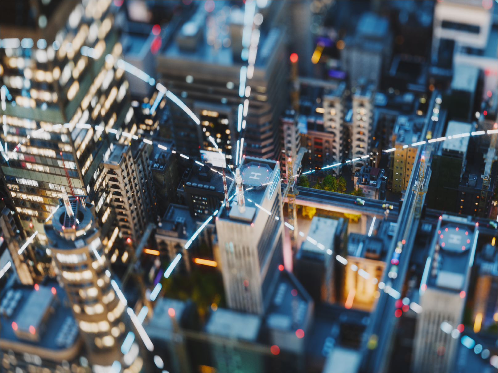 Glowing lines representing invisible wireless connections in the city. 3D render