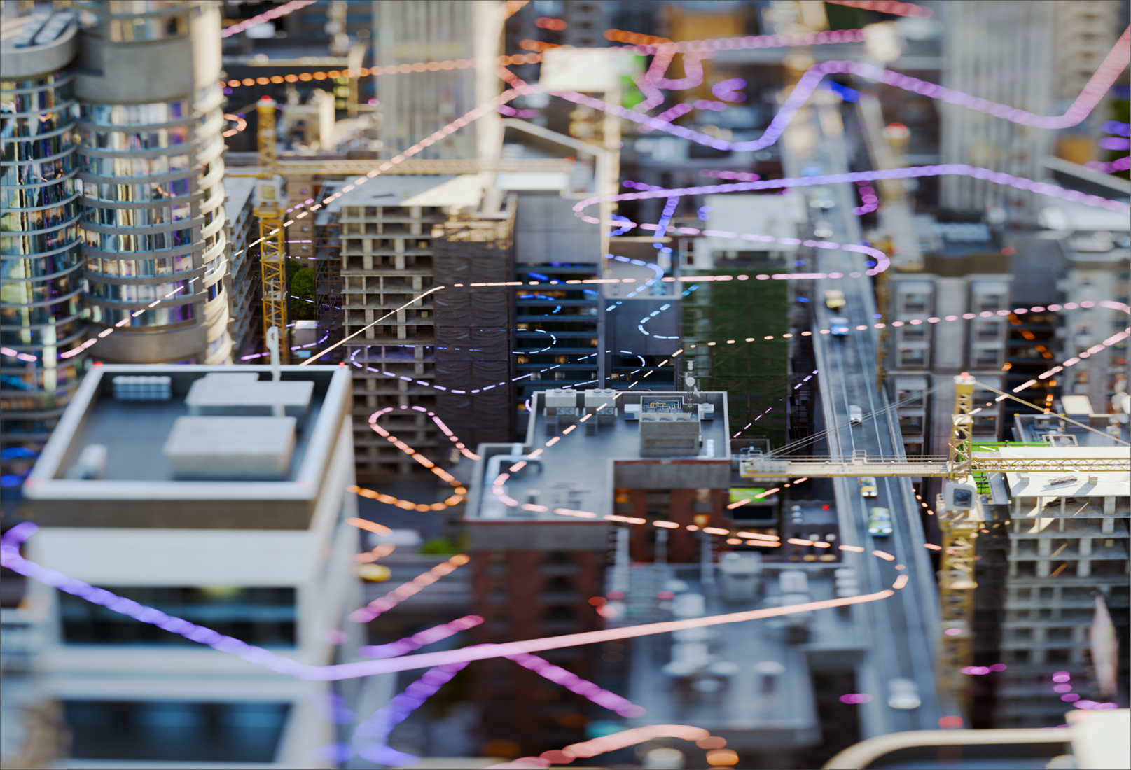 Glowing lines representing invisible wireless connections in the city. 3D render