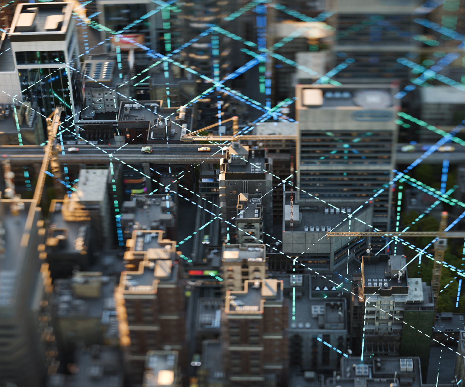 Glowing lines of a grid representing invisible wireless connections in the city. 3D render