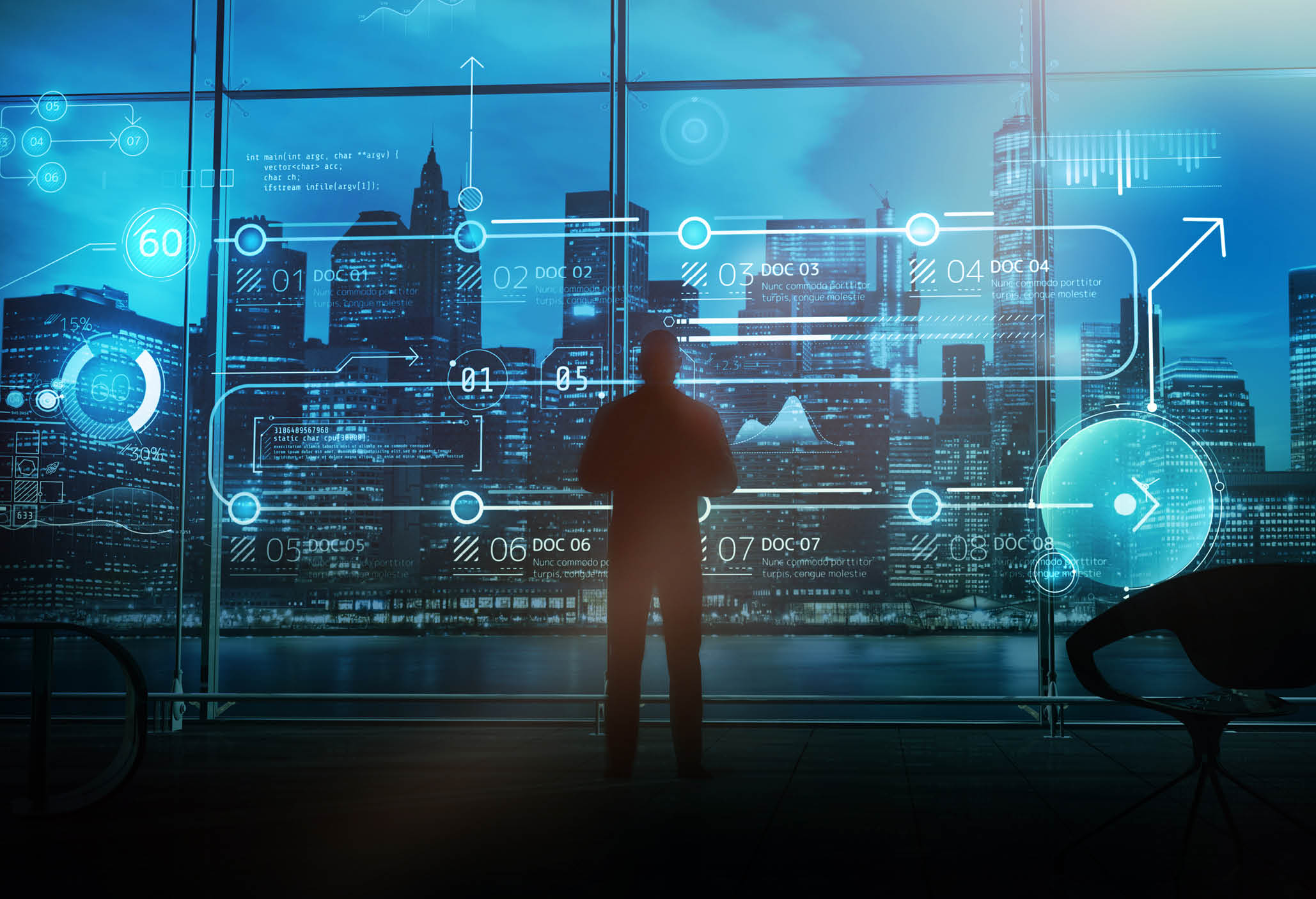 A businessman stands in his office against the background of infographics and a panoramic window with a business center. 3D render.