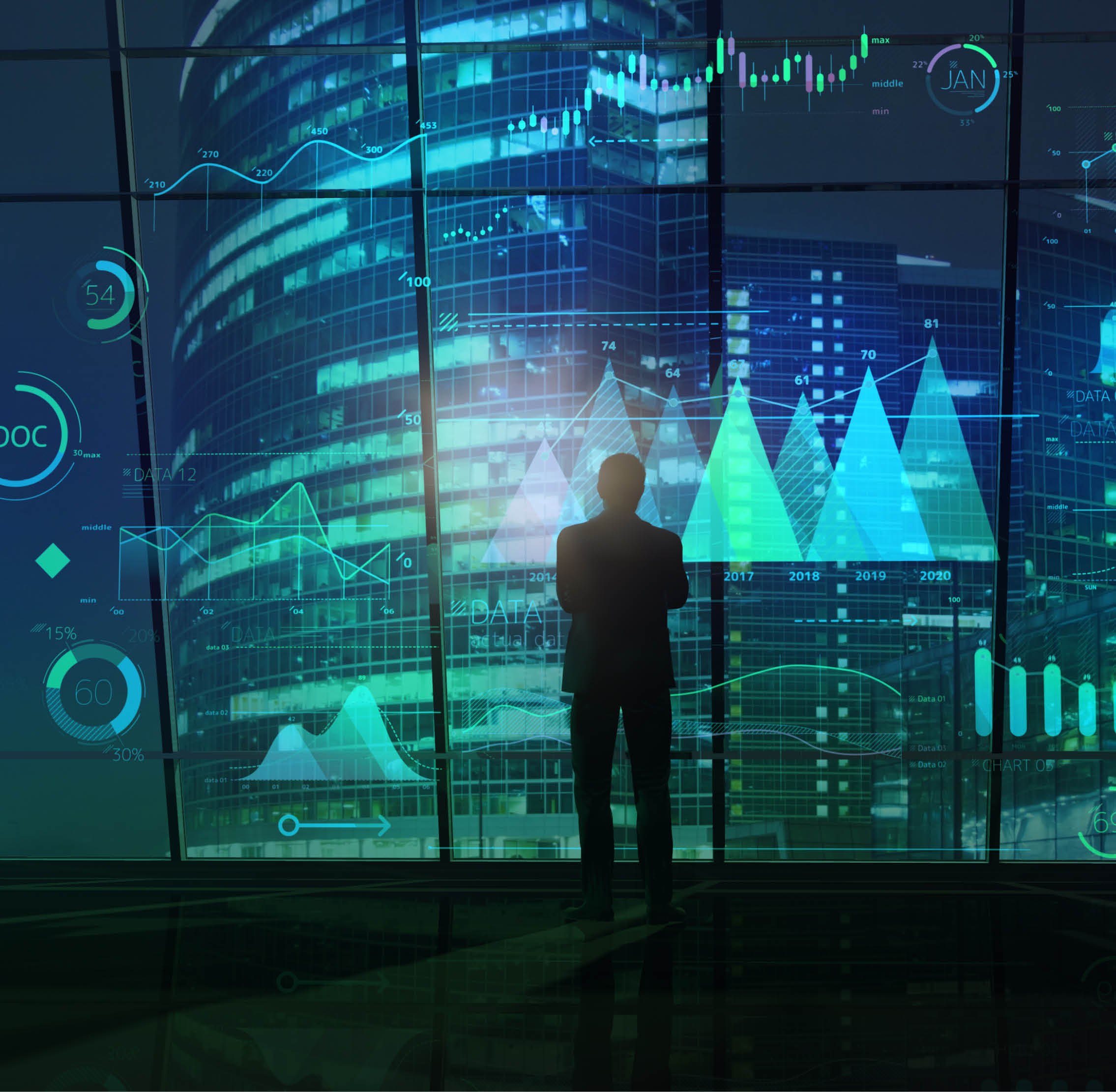 In the office there is a silhouette of a man analyzing statistical data projecting into space.