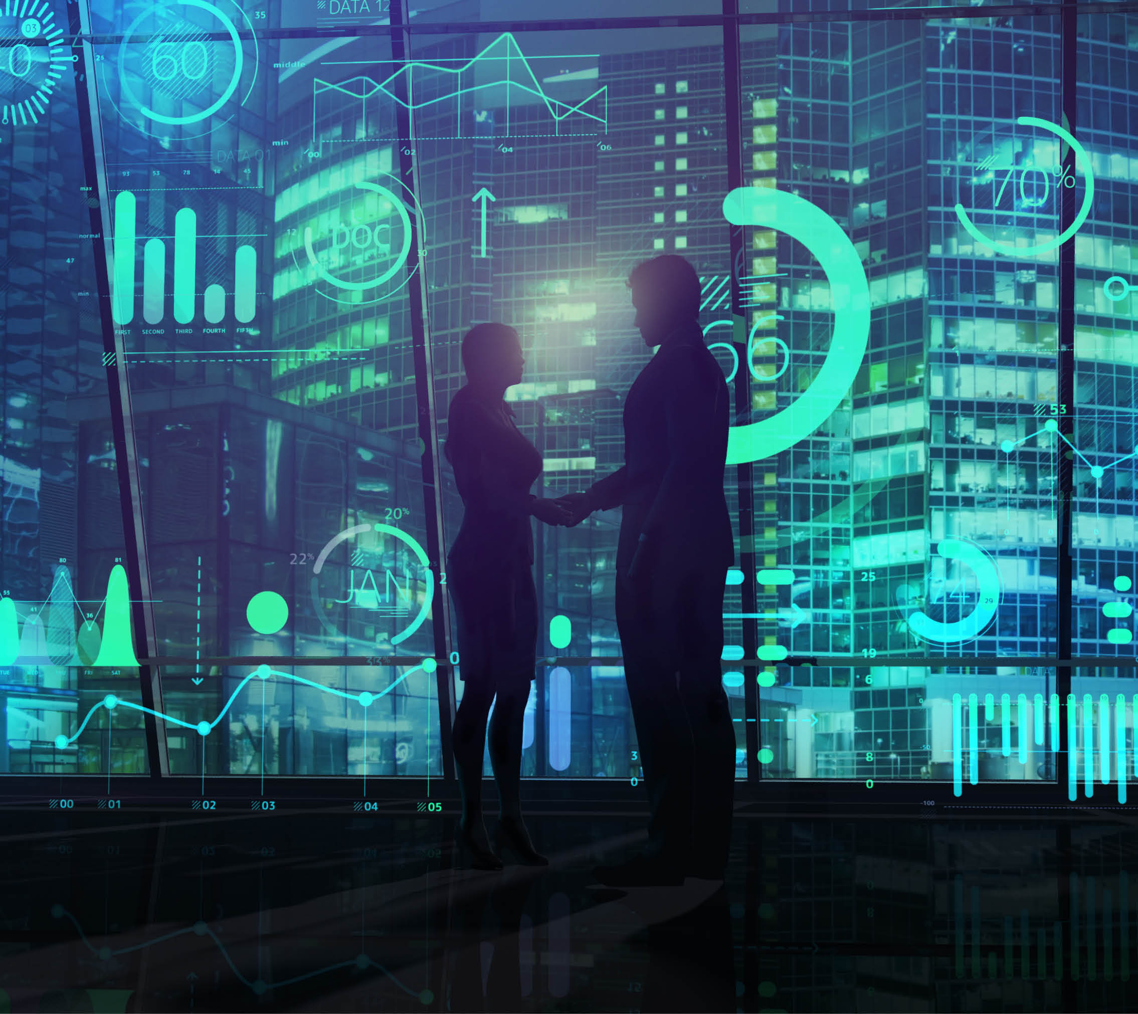 Handshake after a successful deal in the office with a view of the skyscrapers in night illumination.