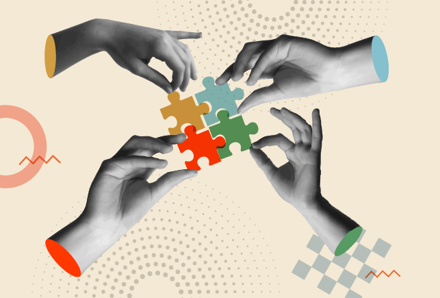 Human hands holding colorful puzzle pieces in 80s retro collage vector illustration. Mixed media artwork for concept of cooperation, teamwork, partnership and successful solutions.