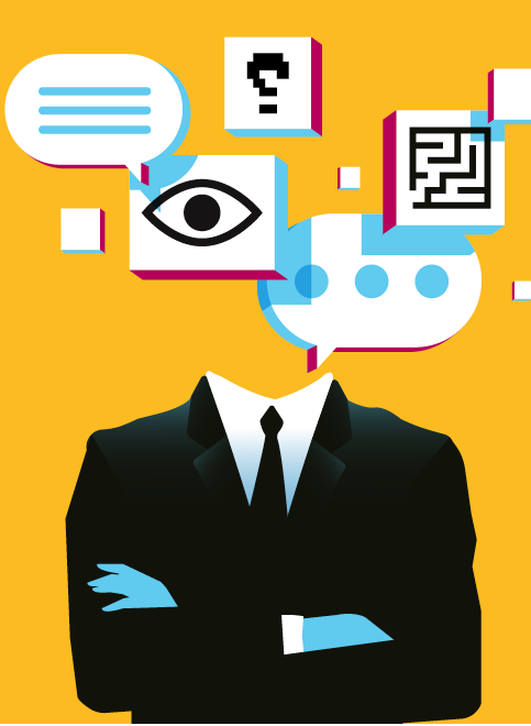 Man in suit with text bubbles and graphic elements. Chatbot, artificial intelligence in daily life concept. Vector illustration.