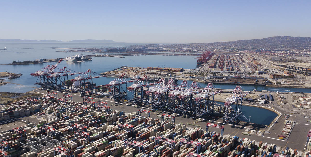 Aerial view of the Long Beach and Los Angeles ports.