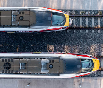 Doncaster, UK - October 13, 2022. An aerial view of Hitach Azuma diesel electric fleet of high speed passenger trains at the LNER maintenance depot in Doncaster UK