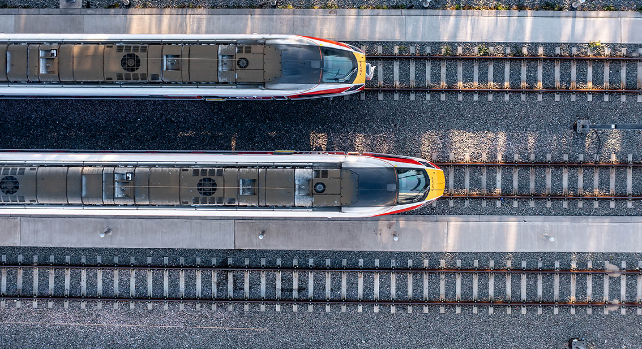 Doncaster, UK - October 13, 2022. An aerial view of Hitach Azuma diesel electric fleet of high speed passenger trains at the LNER maintenance depot in Doncaster UK