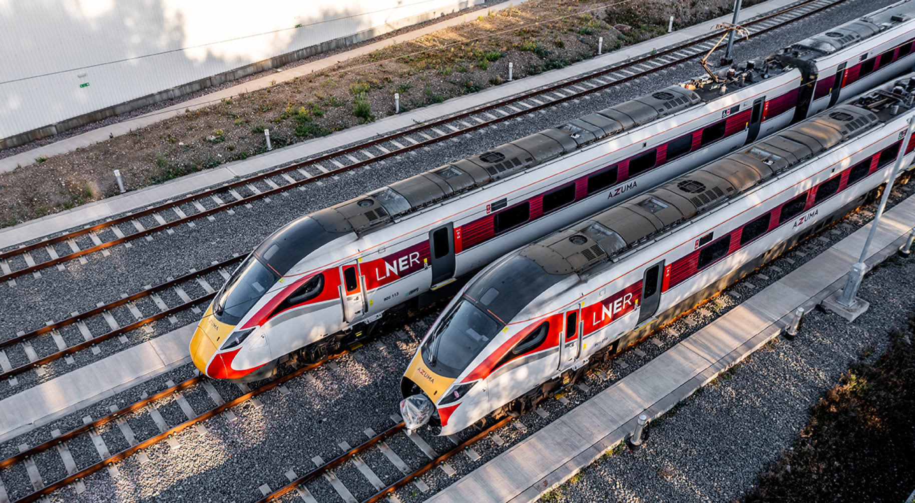 Doncaster, UK - October 13, 2022. An aerial view of Hitach Azuma diesel electric fleet of high speed passenger trains at the LNER maintenance depot in Doncaster UK