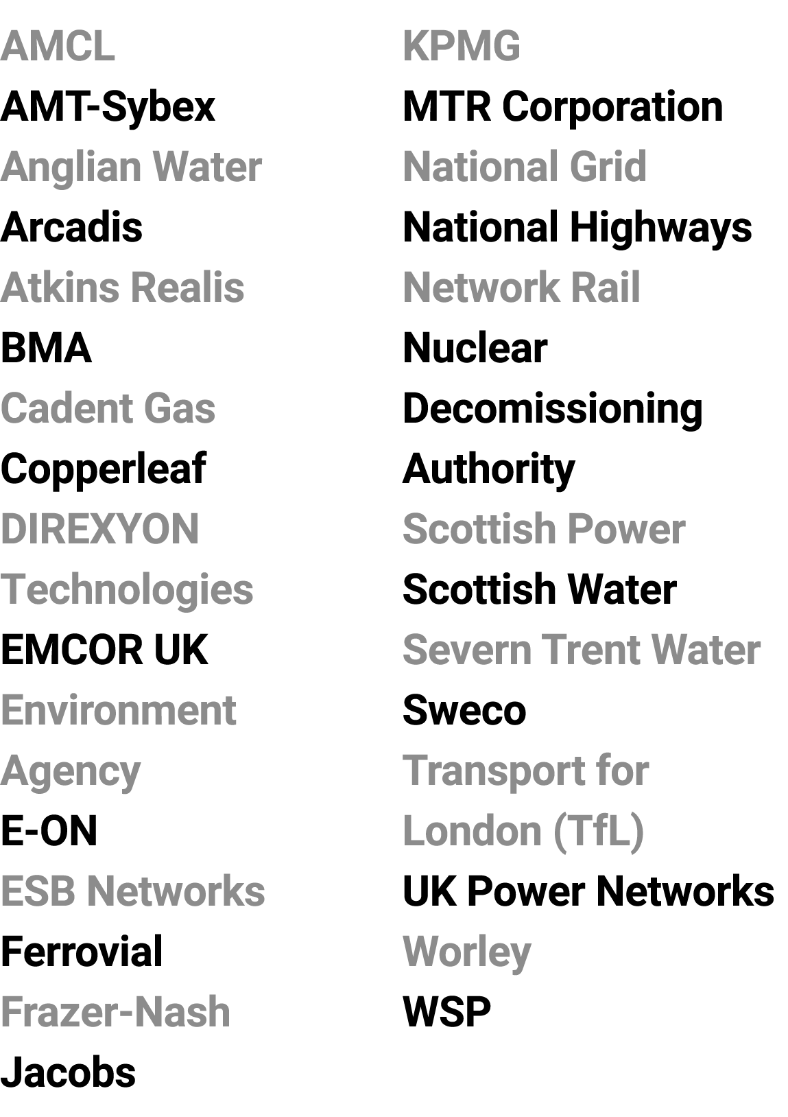 AMCL AMT-Sybex Anglian Water Arcadis Atkins Realis BMA Cadent Gas Copperleaf DIREXYON Technologies EMCOR UK Environme...