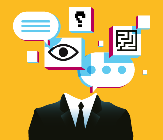 Man in suit with text bubbles and graphic elements. Chatbot, artificial intelligence in daily life concept. Vector illustration.
