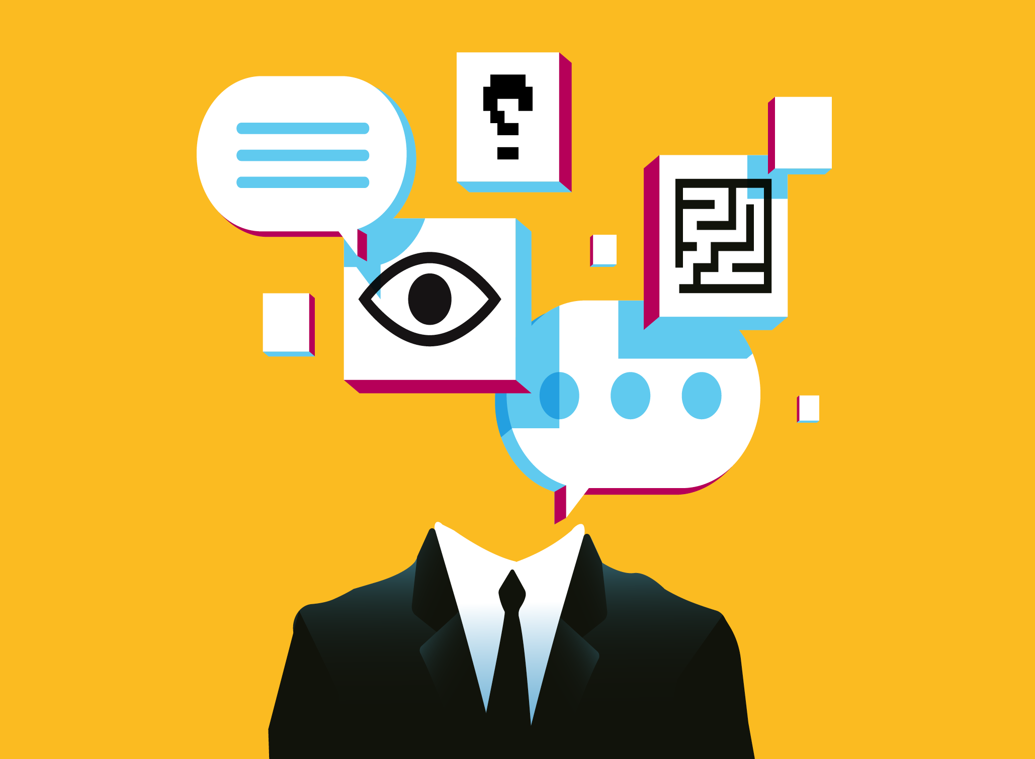 Man in suit with text bubbles and graphic elements. Chatbot, artificial intelligence in daily life concept. Vector illustration.