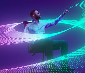 Two professionals in formal attire examine and interact with flowing digital wave on colorful background, representing data science. Concept of scientific discovery and innovation, , information. Ad