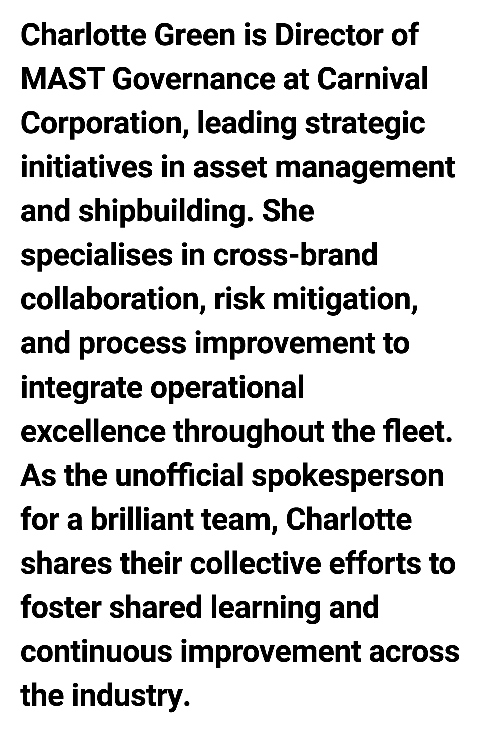 Charlotte Green is Director of MAST Governance at Carnival Corporation, leading strategic initiatives in asset manage...