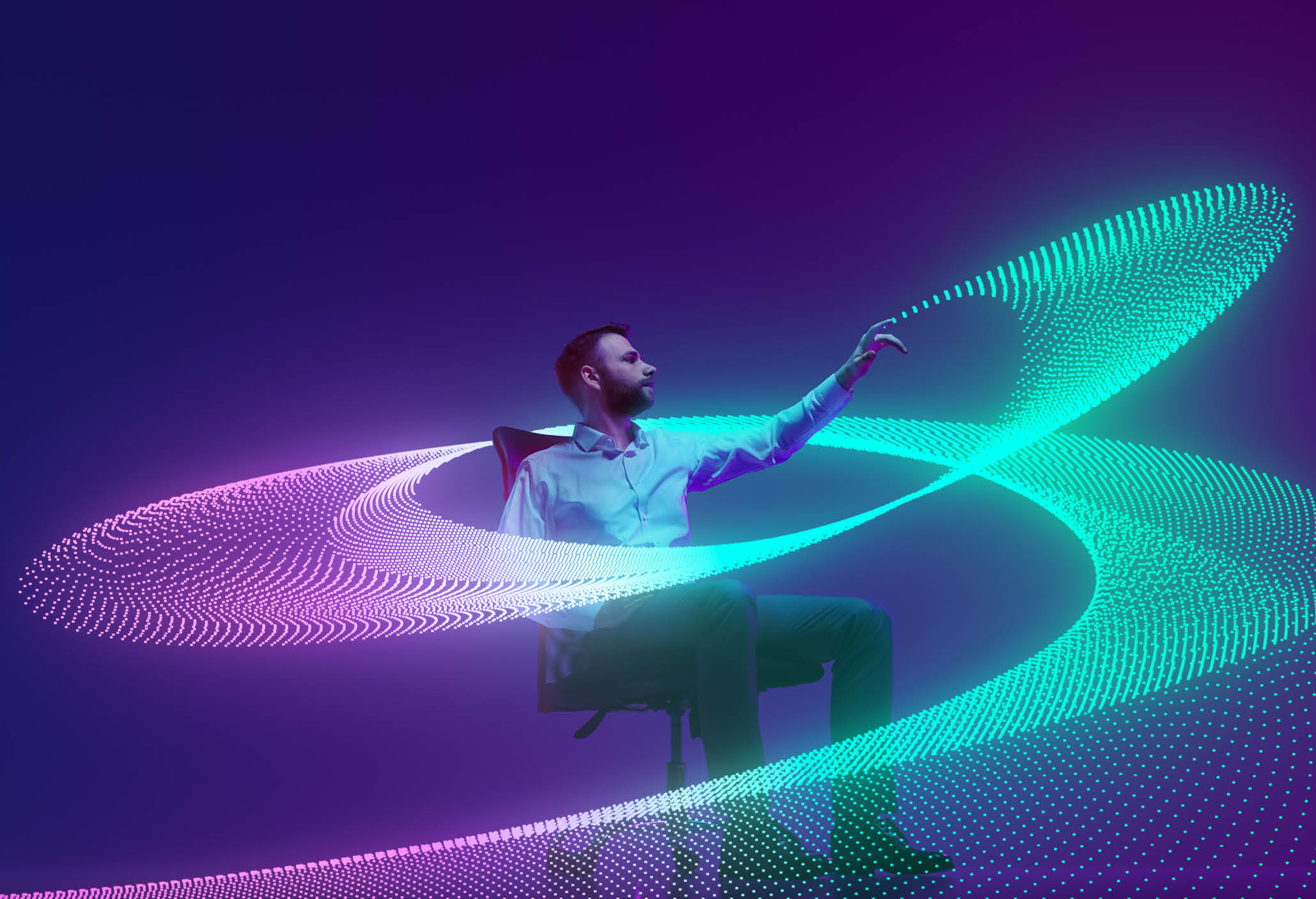 Two professionals in formal attire examine and interact with flowing digital wave on colorful background, representing data science. Concept of scientific discovery and innovation, , information. Ad