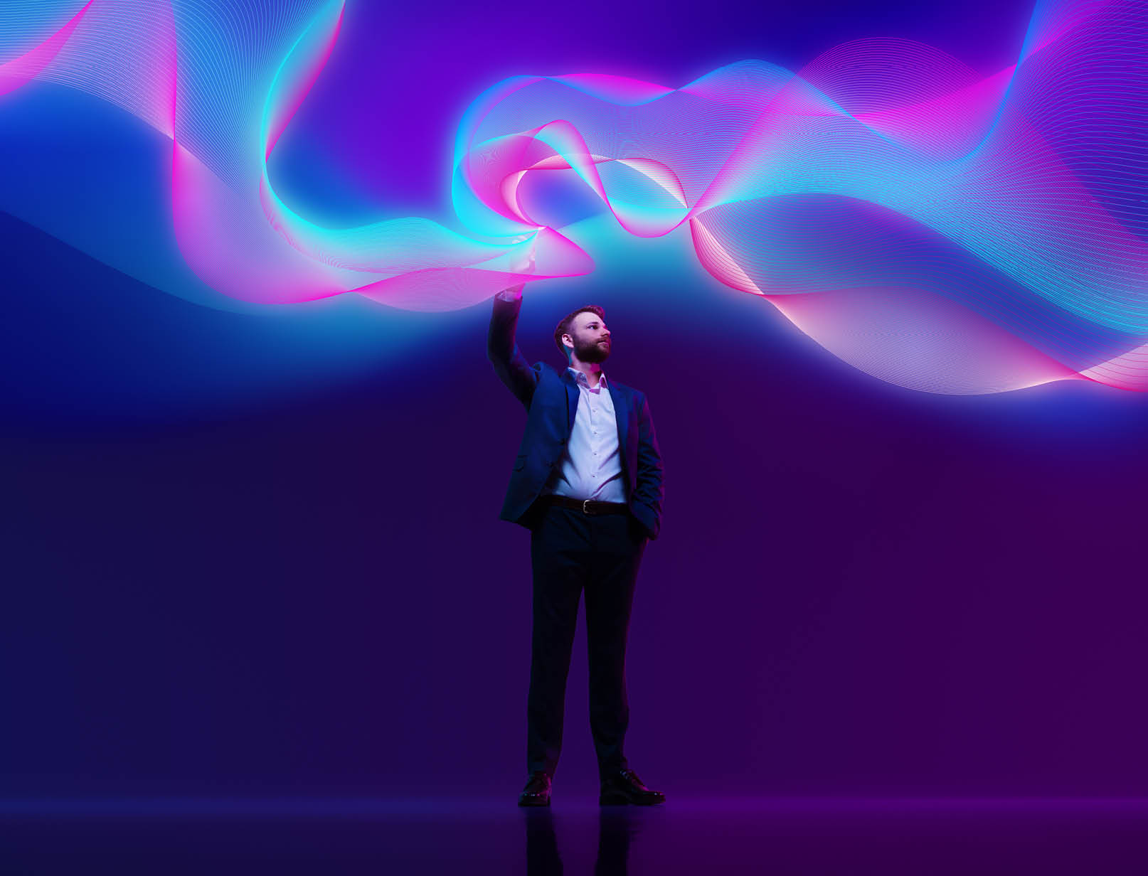 Business professional interacts with data visualization in modern setting, shoeing advancements in data analytics and corporate strategy. Concept of scientific discovery and innovation, network. Ad