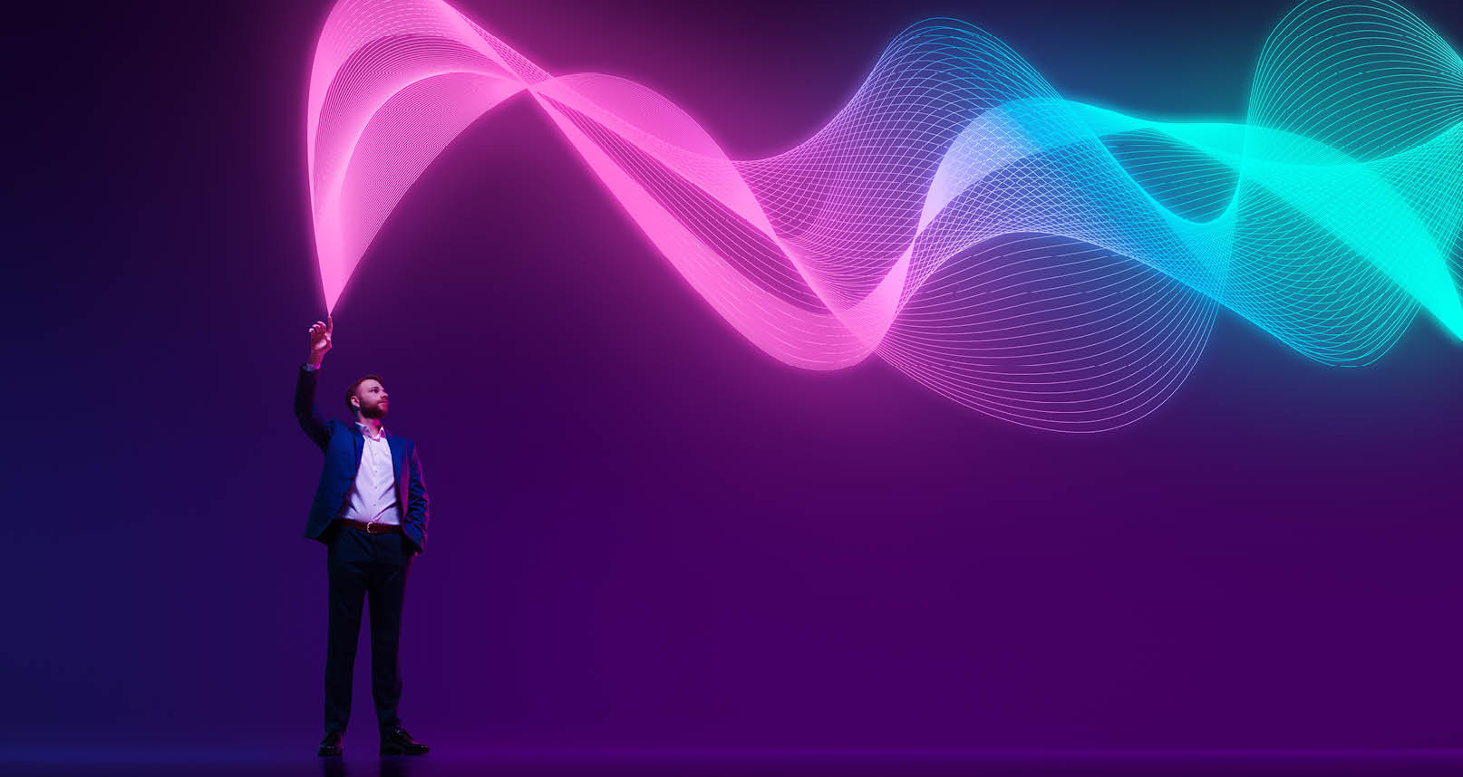Businessman explores dynamic wave of data in digital setting against gradient background in neon light. data flow. Presentation. Concept of information, connection, network, business, technology. ad