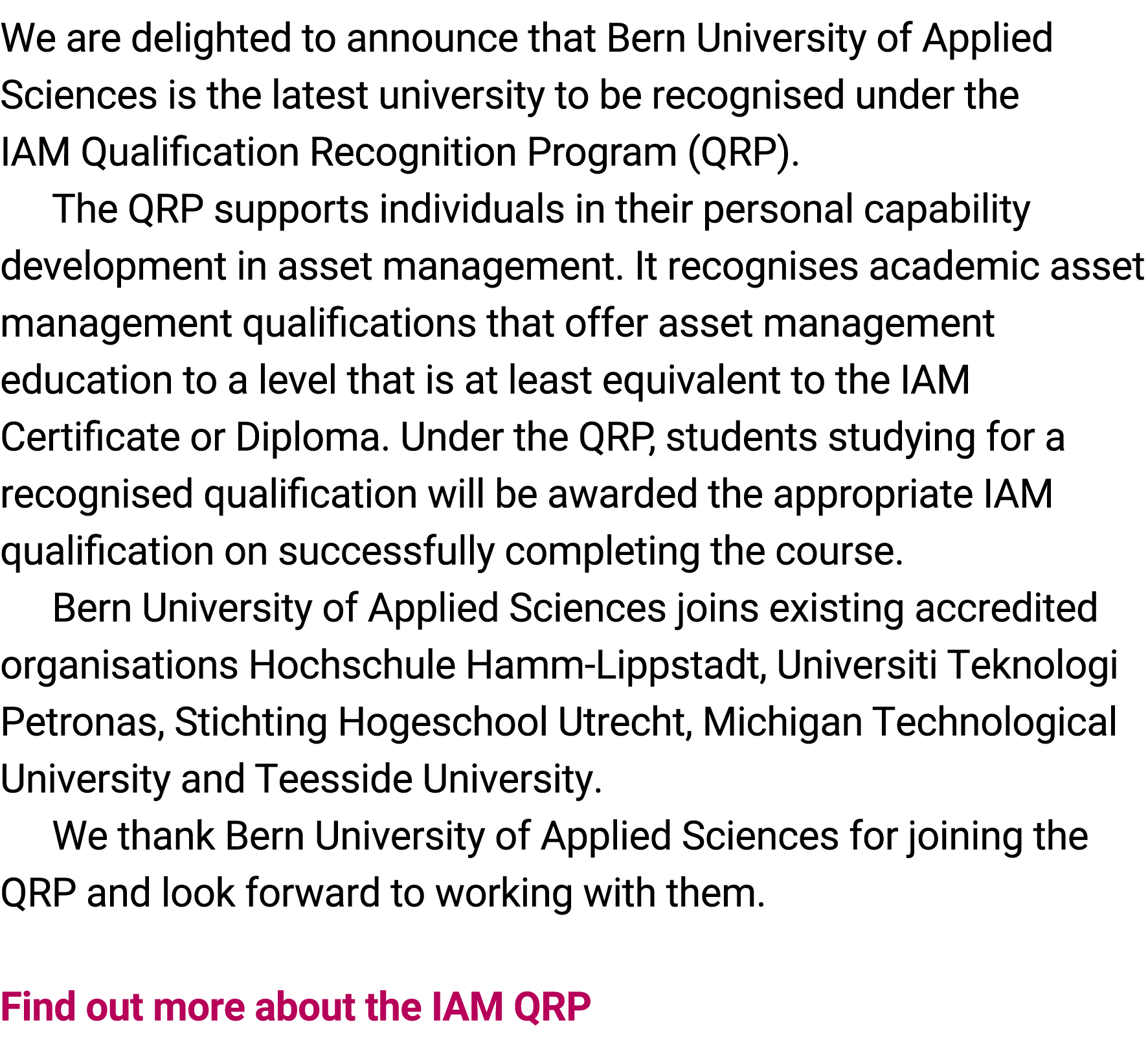 We are delighted to announce that Bern University of Applied Sciences is the latest university to be recognised under...