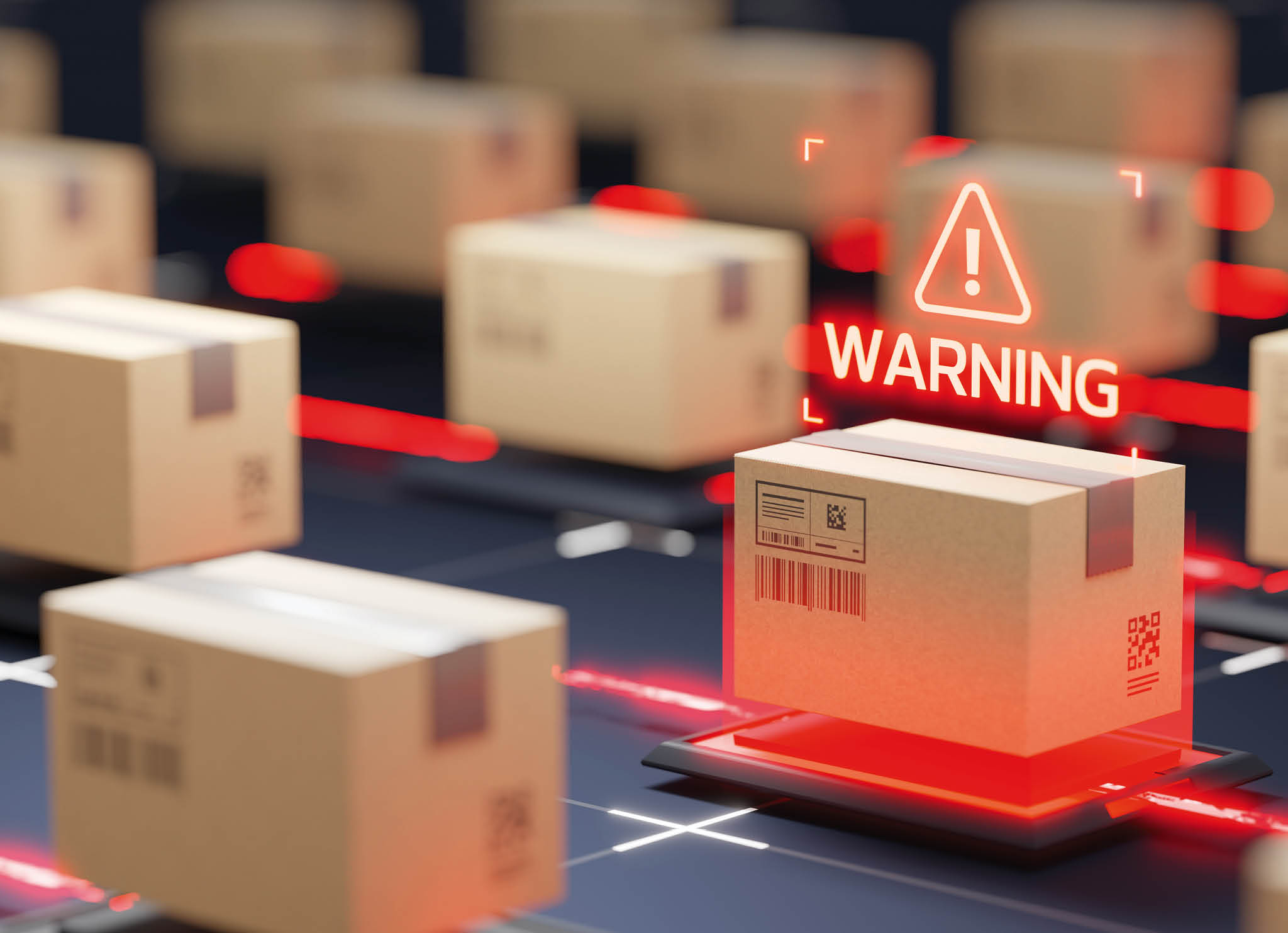 Red warning sign over cardboard box. Safety and security on sorting and storage lines. Automatic logistics management concept.