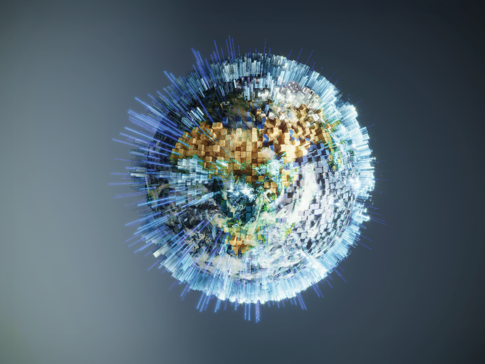 Glowing lines coming from the Earth made of cubes symbolizing sustainable datas coming from the Earth. All the world map textures are originally from NASA. ( 3d render )Map sources Url: -https://visibleearth.nasa.gov/images/74218 (3d render)